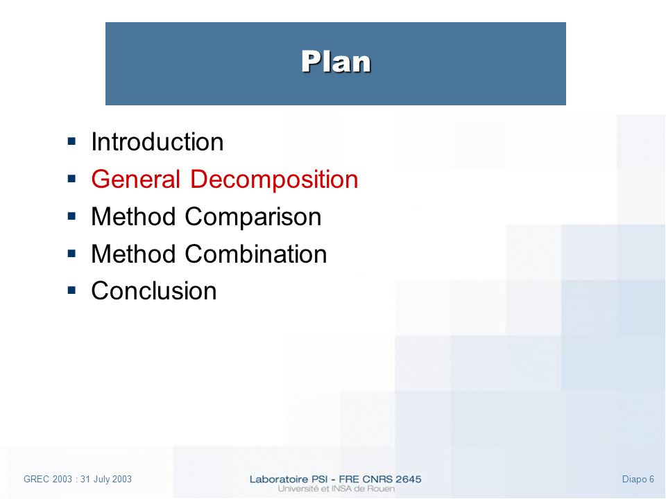 GREC 2003 : 31 July 2003Diapo 6 Plan  Introduction  General Decomposition  Method Comparison  Method Combination  Conclusion