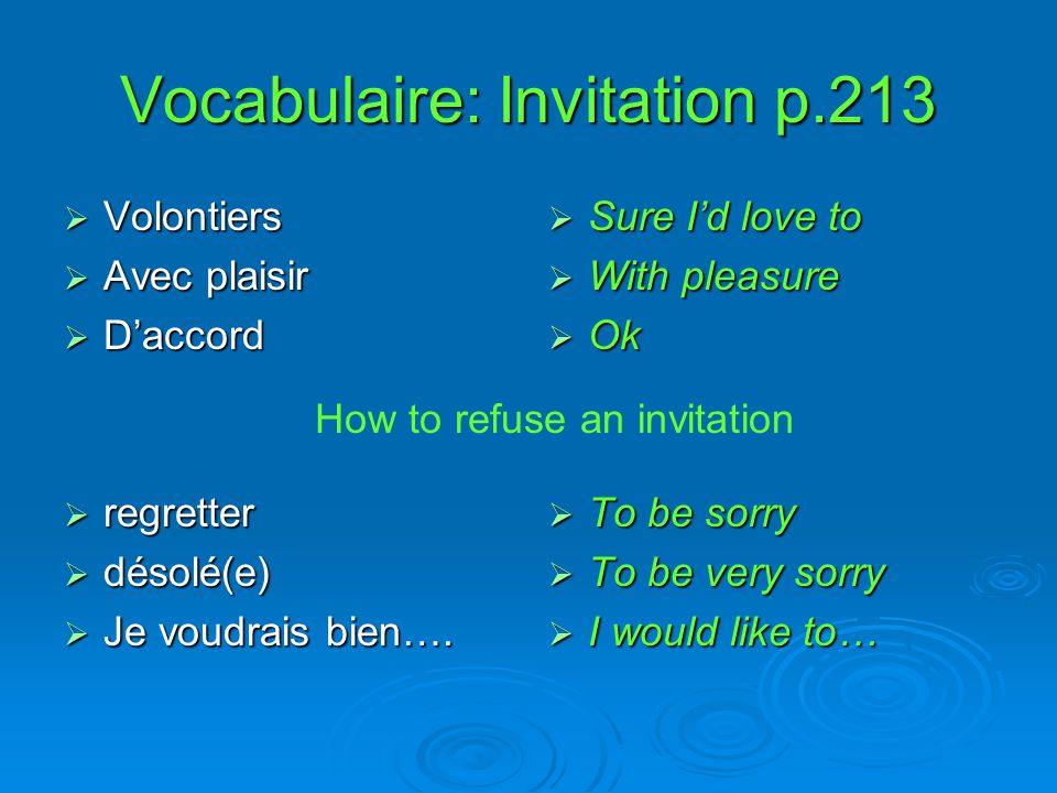 Vocabulaire: Invitation p.213  Volontiers  Avec plaisir  D’accord  regretter  désolé(e)  Je voudrais bien….