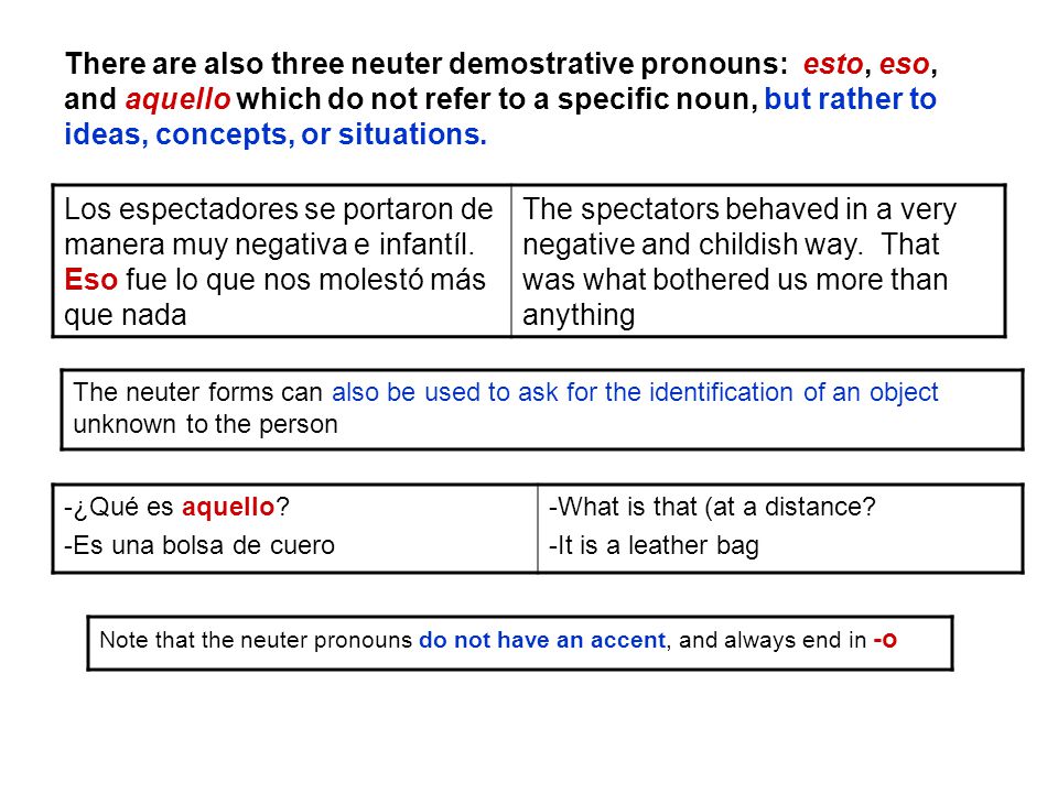 There are also three neuter demostrative pronouns: esto, eso, and aquello which do not refer to a specific noun, but rather to ideas, concepts, or situations.