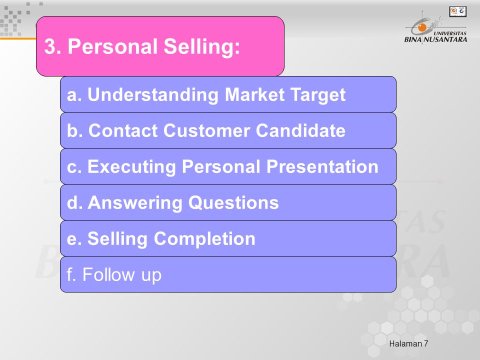 Halaman 7 3. Personal Selling: a. Understanding Market Target b.