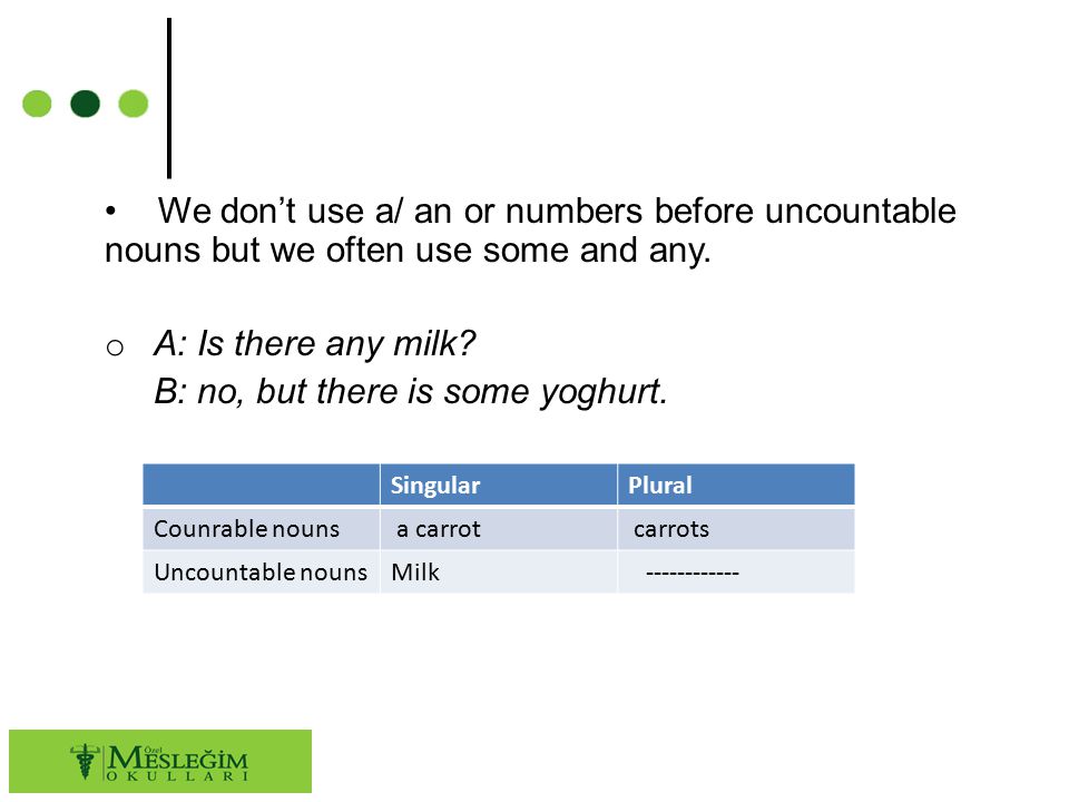 We don’t use a/ an or numbers before uncountable nouns but we often use some and any.