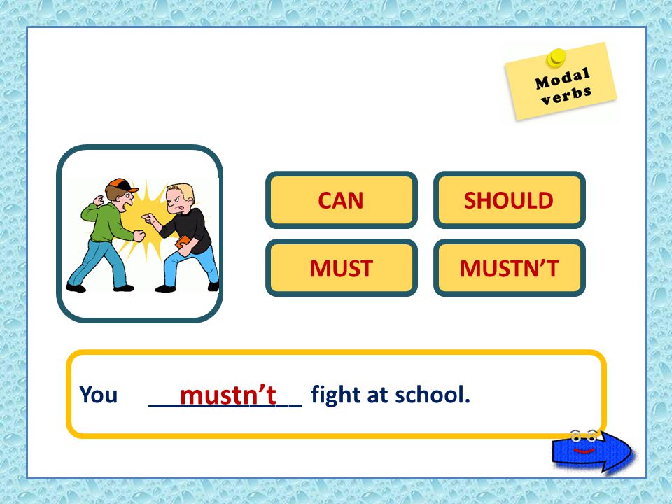 CANSHOULD MUSTMUSTN’T You ____________ fight at school. mustn’t