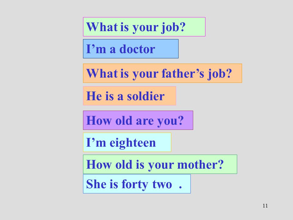 11 What is your job. I’m a doctor What is your father’s job.