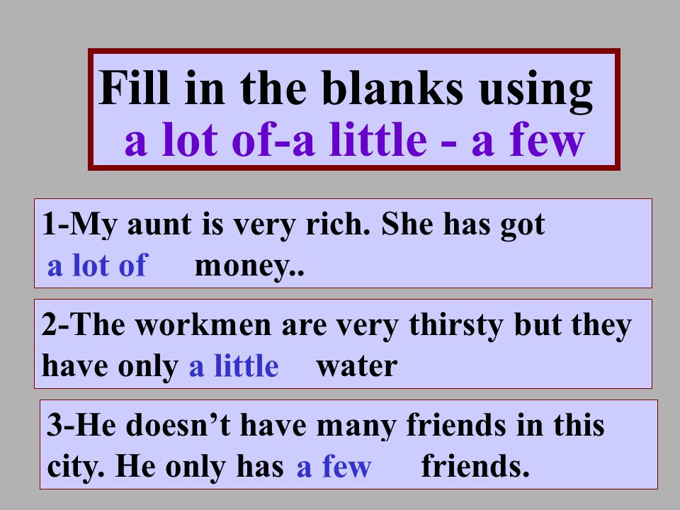 12 Fill in the blanks using a lot of-a little - a few 1-My aunt is very rich.