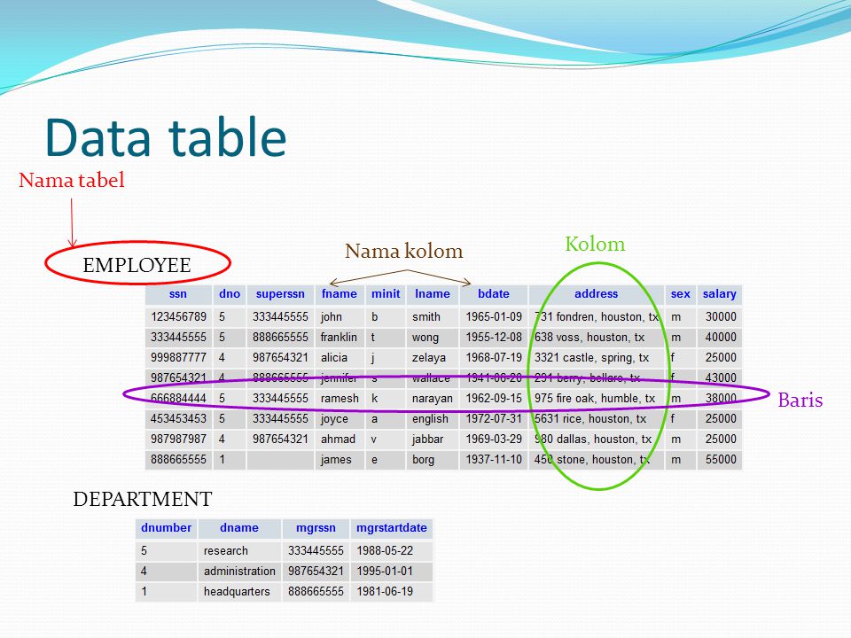 Data table EMPLOYEE Nama tabel Kolom Baris Nama kolom DEPARTMENT