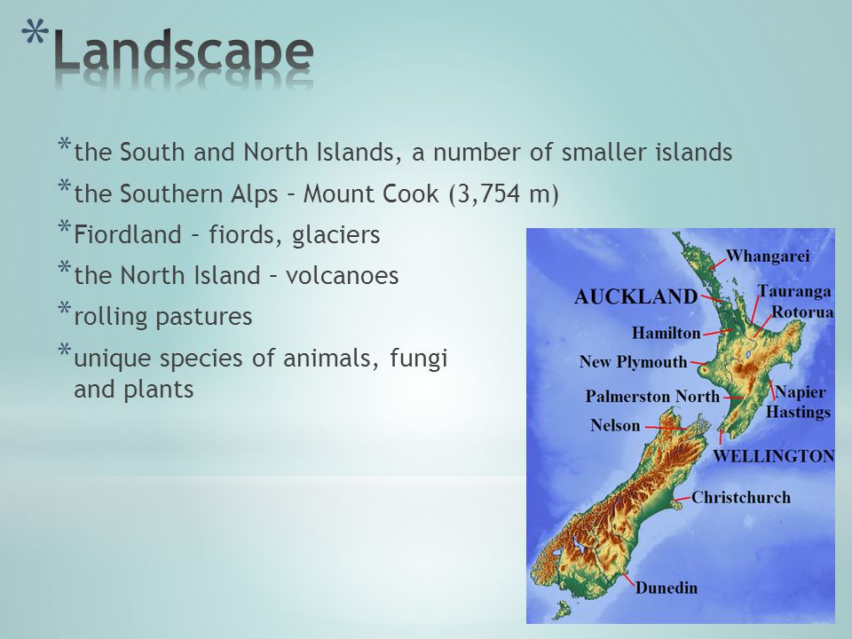 * the South and North Islands, a number of smaller islands * the Southern Alps – Mount Cook (3,754 m) * Fiordland – fiords, glaciers * the North Island – volcanoes * rolling pastures * unique species of animals, fungi and plants