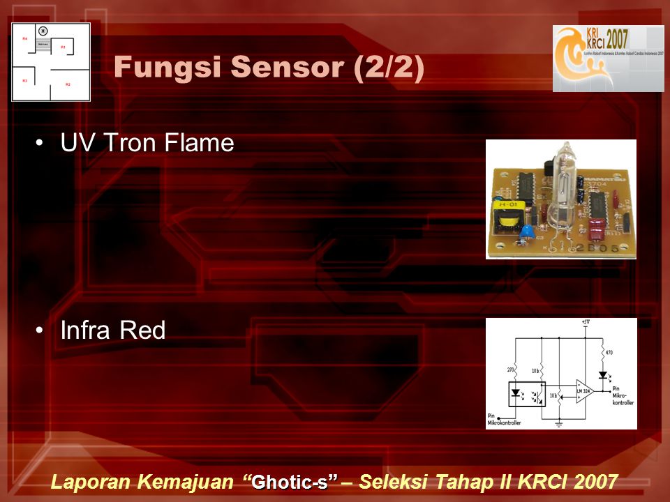 Ghotic-s Laporan Kemajuan Ghotic-s – Seleksi Tahap II KRCI 2007 Fungsi Sensor (2/2) UV Tron Flame Infra Red