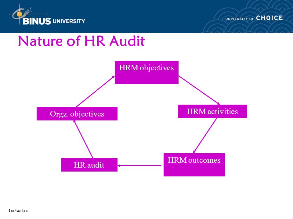 Bina Nusantara Nature of HR Audit HRM objectives HRM activities HRM outcomes HR audit Orgz.