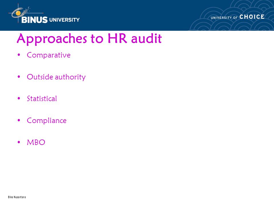 Bina Nusantara Approaches to HR audit Comparative Outside authority Statistical Compliance MBO