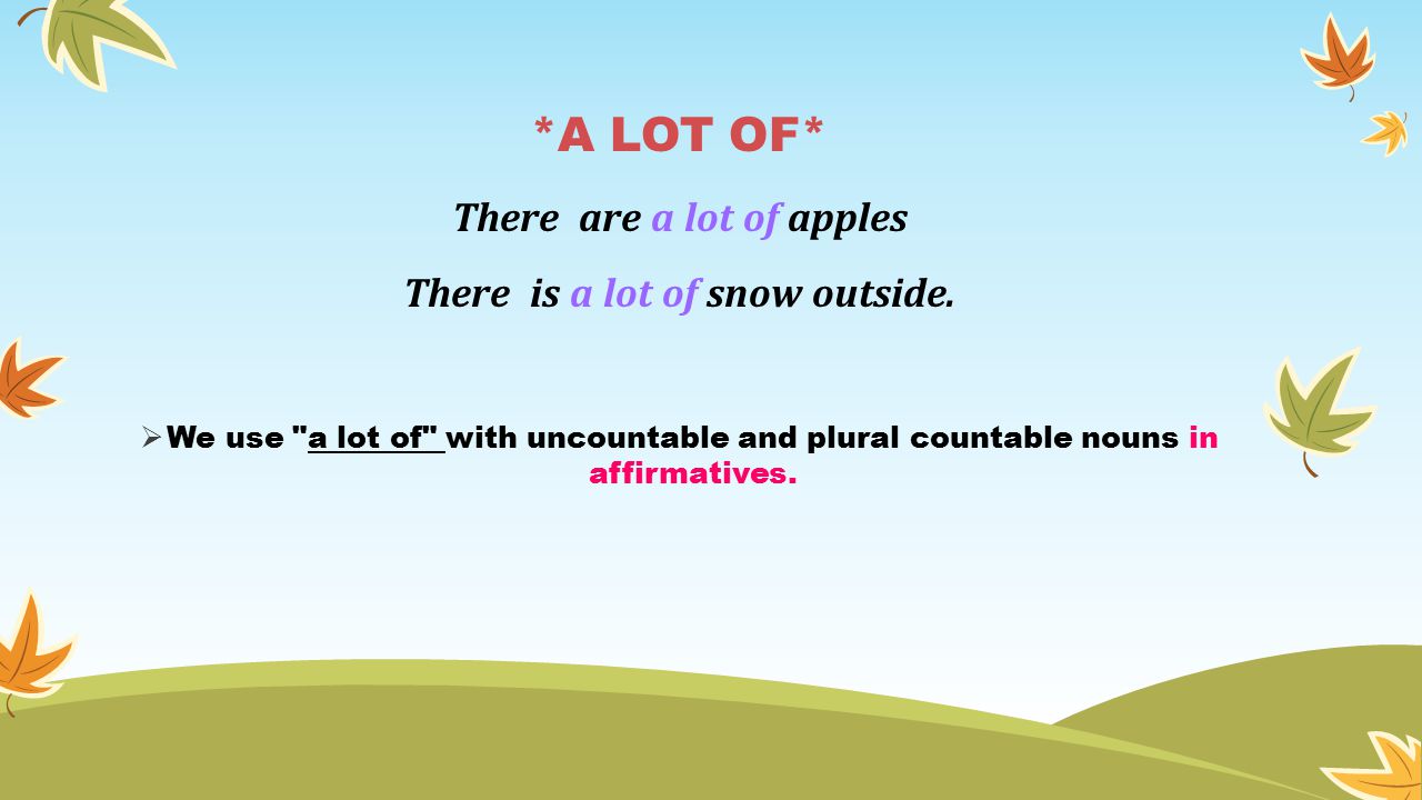*A LOT OF* There are a lot of apples There is a lot of snow outside.