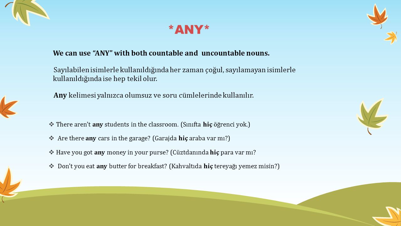 *ANY* We can use ANY with both countable and uncountable nouns.