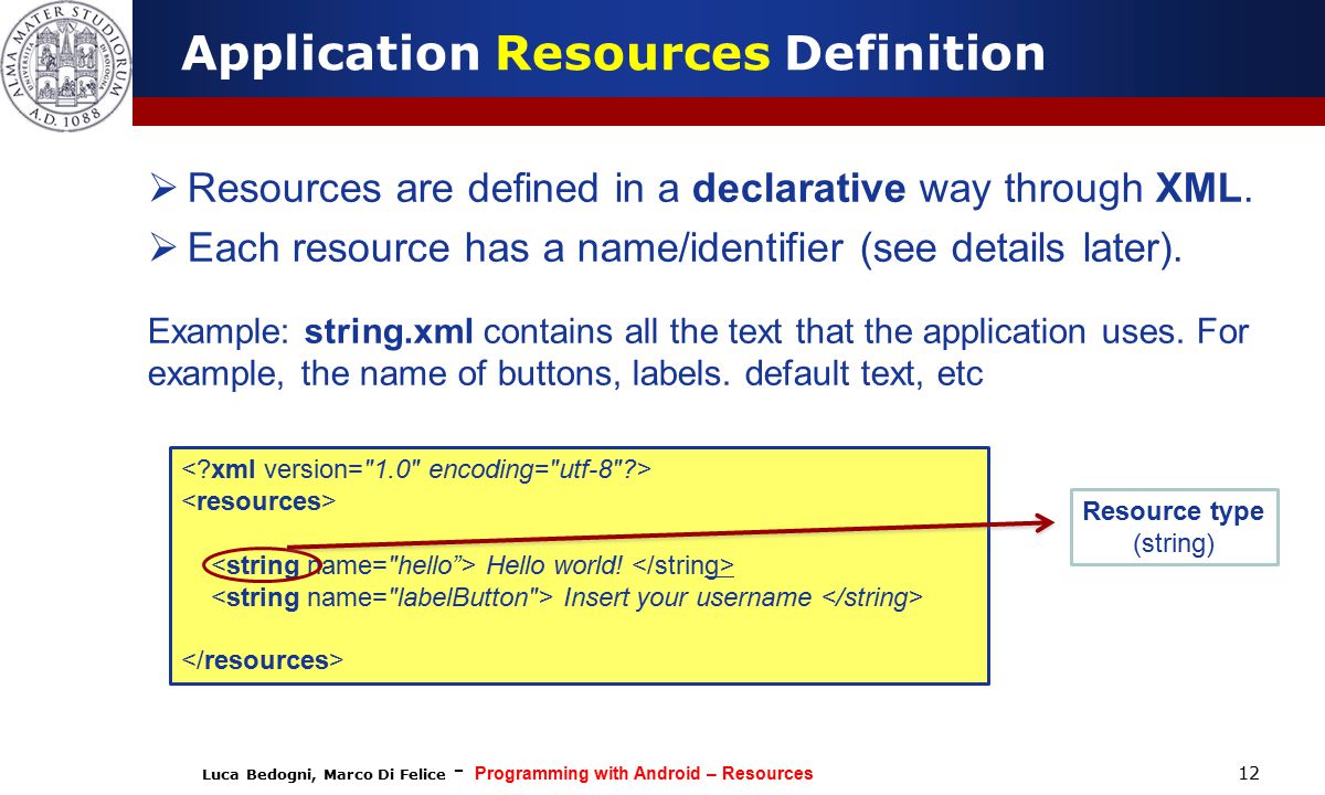 Luca Bedogni, Marco Di Felice - Programming with Android – Resources 12 Application Resources Definition  Resources are defined in a declarative way through XML.