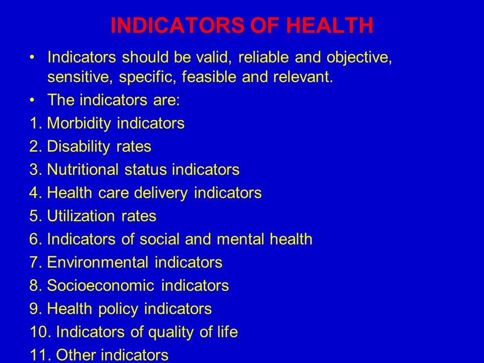 INDICATORS OF HEALTH Indicators should be valid, reliable and objective, sensitive, specific, feasible and relevant.