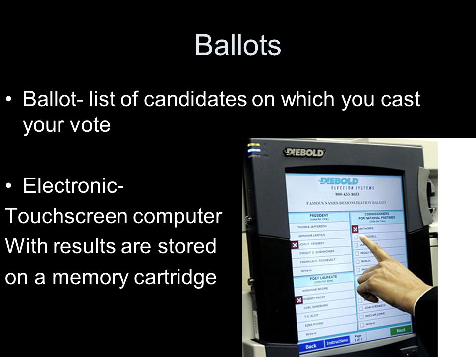 Ballots Ballot- list of candidates on which you cast your vote Electronic- Touchscreen computer With results are stored on a memory cartridge