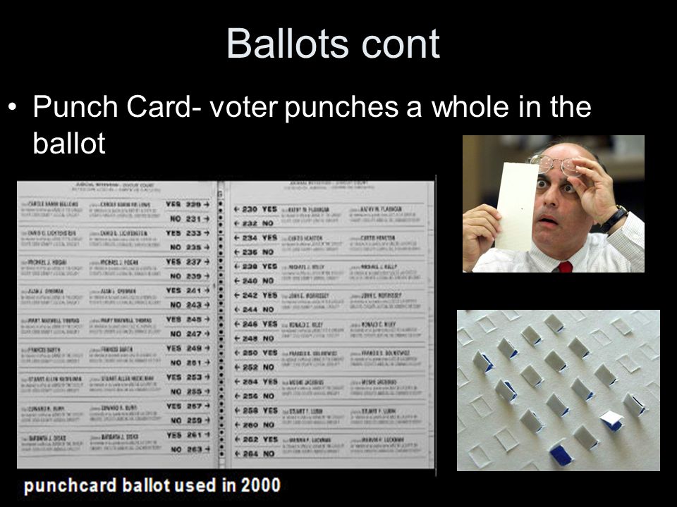 Ballots cont Punch Card- voter punches a whole in the ballot