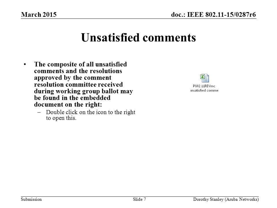 doc.: IEEE /0287r6 Submission Unsatisfied comments The composite of all unsatisfied comments and the resolutions approved by the comment resolution committee received during working group ballot may be found in the embedded document on the right: –Double click on the icon to the right to open this.