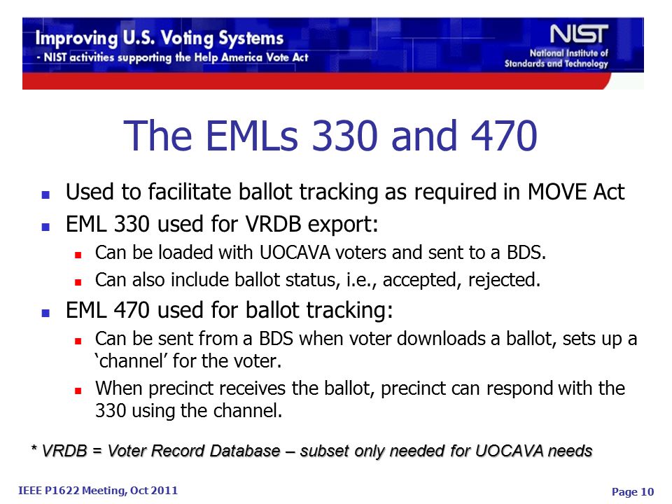 IEEE P1622 Meeting, Oct 2011 Page 10 Used to facilitate ballot tracking as required in MOVE Act EML 330 used for VRDB export: Can be loaded with UOCAVA voters and sent to a BDS.