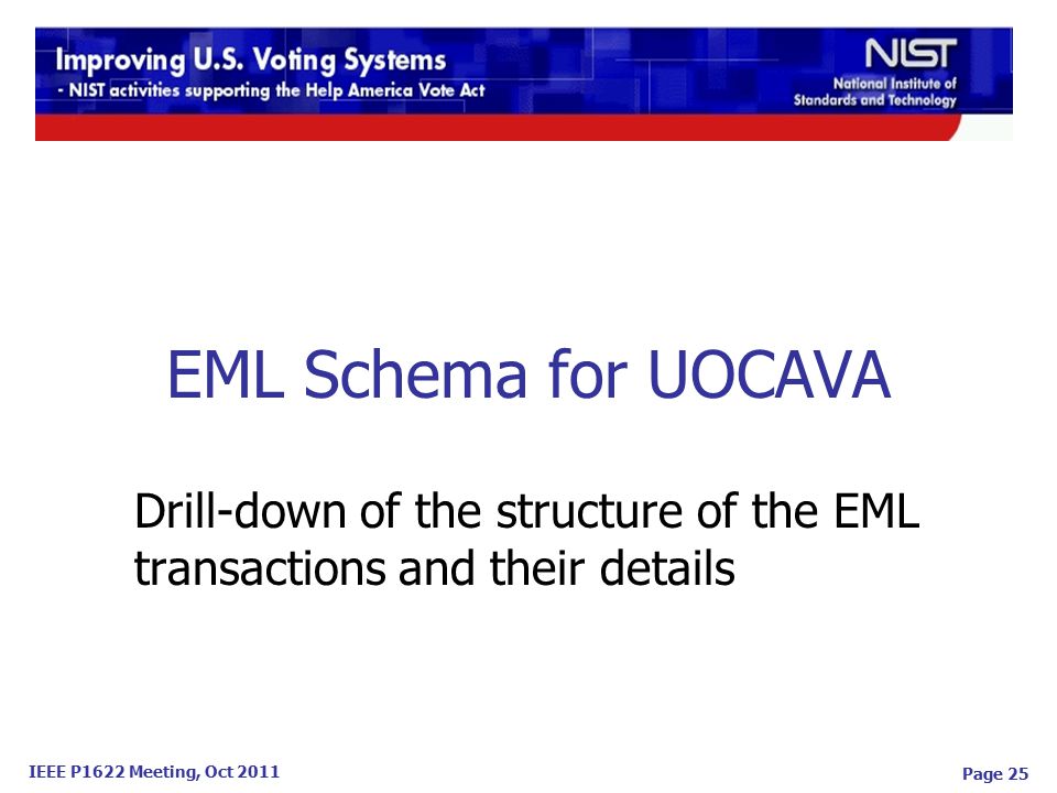 IEEE P1622 Meeting, Oct 2011 EML Schema for UOCAVA Drill-down of the structure of the EML transactions and their details Page 25
