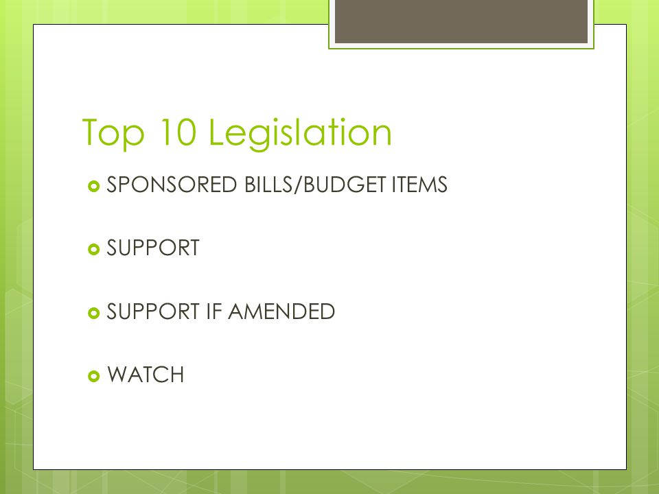 Top 10 Legislation  SPONSORED BILLS/BUDGET ITEMS  SUPPORT  SUPPORT IF AMENDED  WATCH