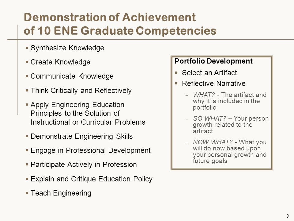 9 Demonstration of Achievement of 10 ENE Graduate Competencies  Synthesize Knowledge  Create Knowledge  Communicate Knowledge  Think Critically and Reflectively  Apply Engineering Education Principles to the Solution of Instructional or Curricular Problems  Demonstrate Engineering Skills  Engage in Professional Development  Participate Actively in Profession  Explain and Critique Education Policy  Teach Engineering Portfolio Development  Select an Artifact  Reflective Narrative – WHAT.