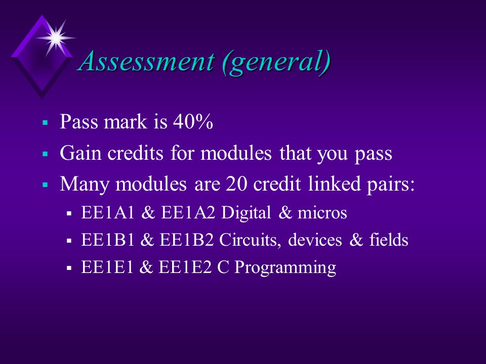 Assessment (general)  Pass mark is 40%  Gain credits for modules that you pass  Many modules are 20 credit linked pairs:  EE1A1 & EE1A2 Digital & micros  EE1B1 & EE1B2 Circuits, devices & fields  EE1E1 & EE1E2 C Programming