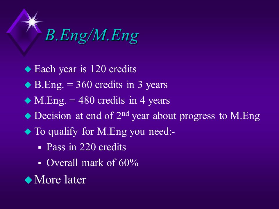 B.Eng/M.Eng u Each year is 120 credits u B.Eng. = 360 credits in 3 years u M.Eng.