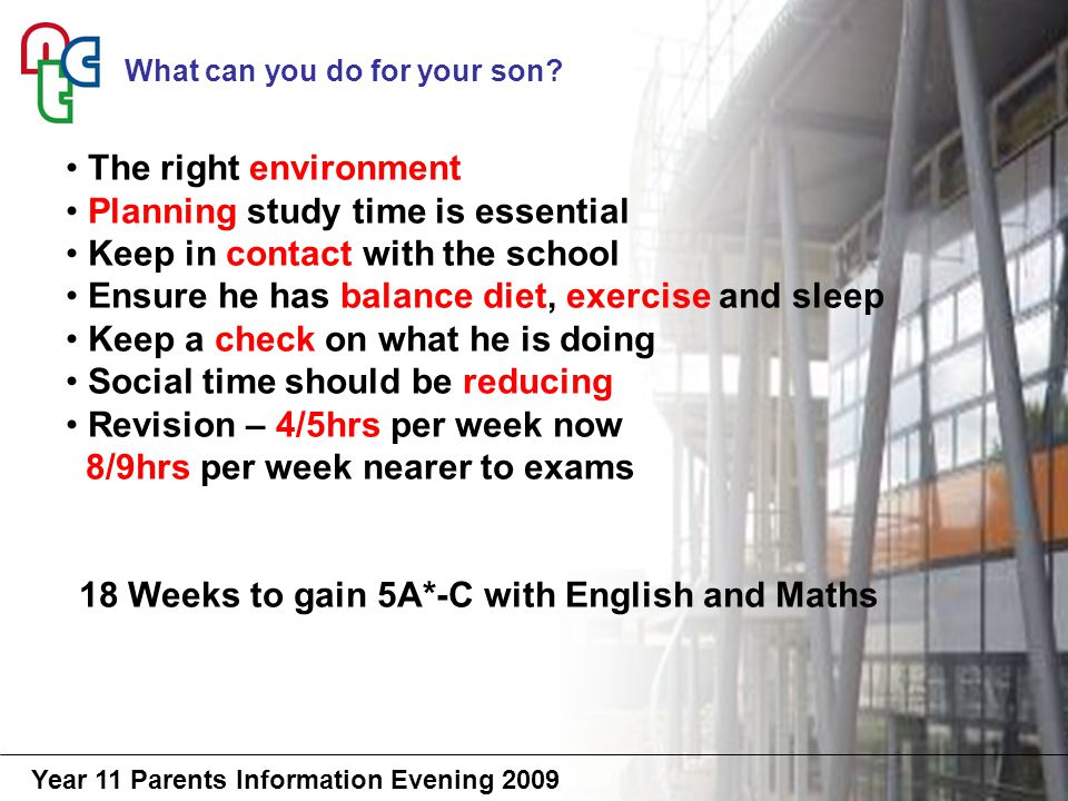 Year 11 Parents Information Evening 2009 The right environment Planning study time is essential Keep in contact with the school Ensure he has balance diet, exercise and sleep Keep a check on what he is doing Social time should be reducing Revision – 4/5hrs per week now 8/9hrs per week nearer to exams 18 Weeks to gain 5A*-C with English and Maths What can you do for your son