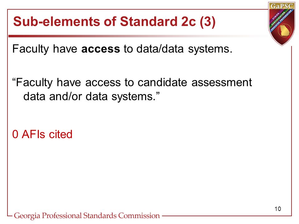 Sub-elements of Standard 2c (3) Faculty have access to data/data systems.
