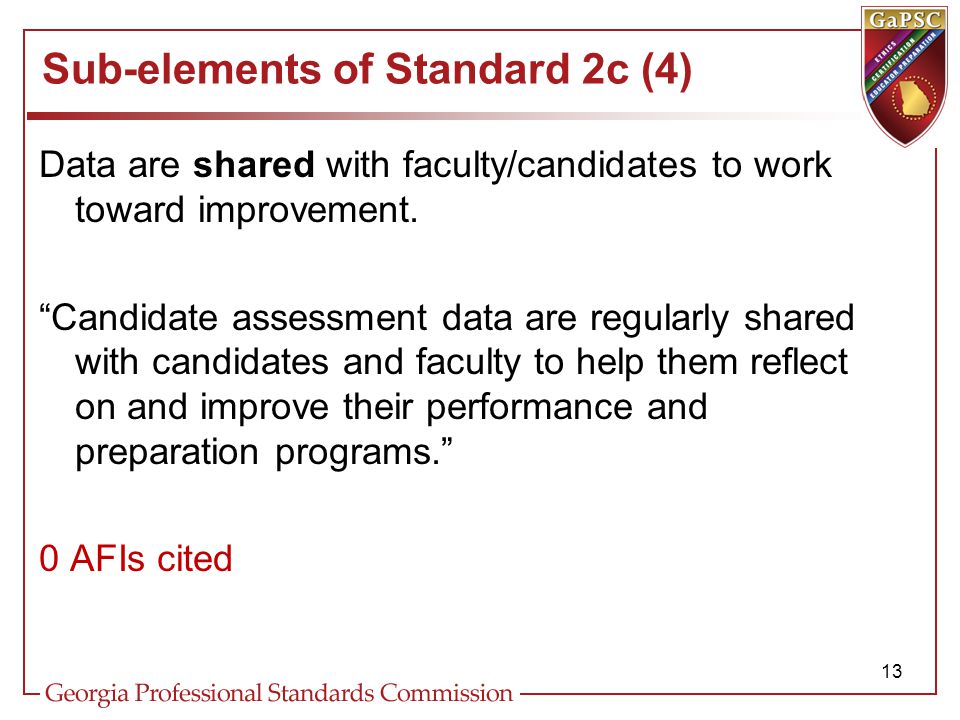 Sub-elements of Standard 2c (4) Data are shared with faculty/candidates to work toward improvement.