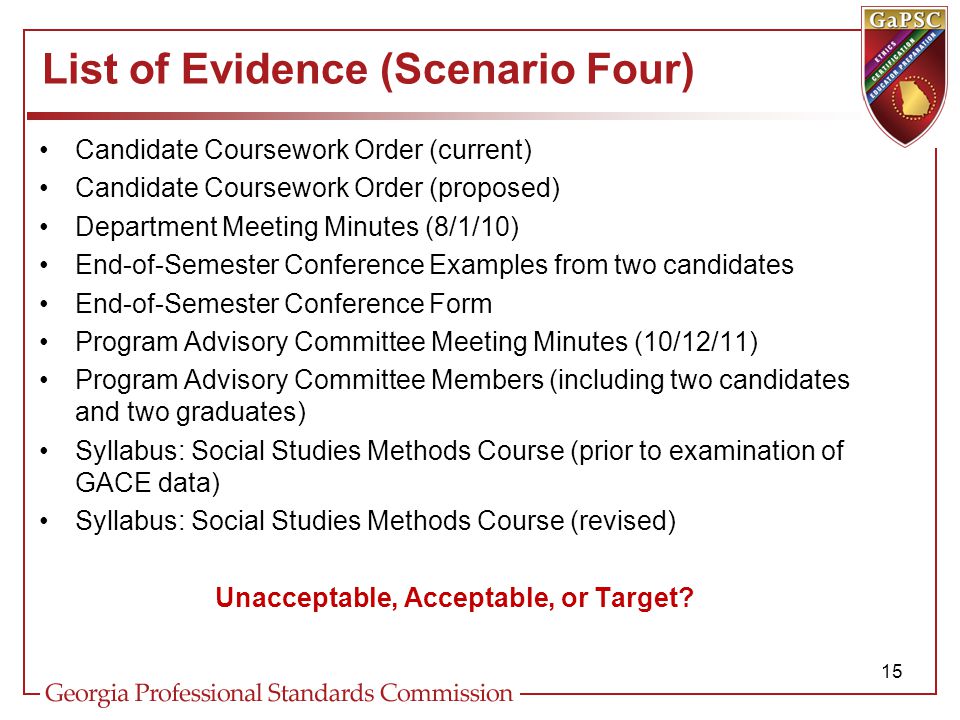 List of Evidence (Scenario Four) Candidate Coursework Order (current) Candidate Coursework Order (proposed) Department Meeting Minutes (8/1/10) End-of-Semester Conference Examples from two candidates End-of-Semester Conference Form Program Advisory Committee Meeting Minutes (10/12/11) Program Advisory Committee Members (including two candidates and two graduates) Syllabus: Social Studies Methods Course (prior to examination of GACE data) Syllabus: Social Studies Methods Course (revised) Unacceptable, Acceptable, or Target.