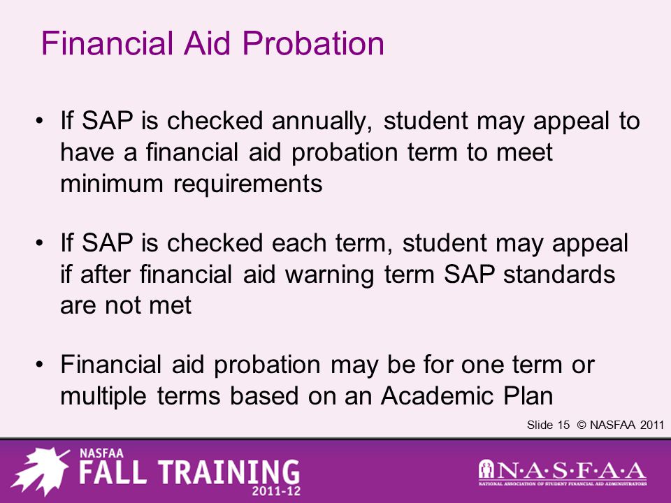 Slide 15 © NASFAA 2011 Financial Aid Probation If SAP is checked annually, student may appeal to have a financial aid probation term to meet minimum requirements If SAP is checked each term, student may appeal if after financial aid warning term SAP standards are not met Financial aid probation may be for one term or multiple terms based on an Academic Plan