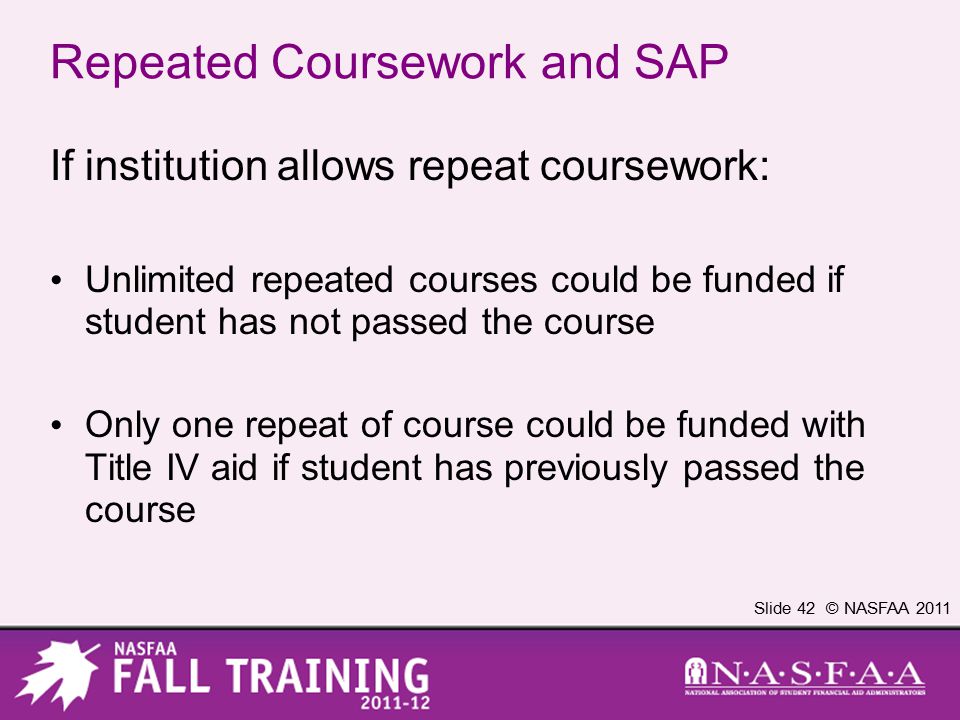 Slide 42 © NASFAA 2011 Repeated Coursework and SAP If institution allows repeat coursework: Unlimited repeated courses could be funded if student has not passed the course Only one repeat of course could be funded with Title IV aid if student has previously passed the course