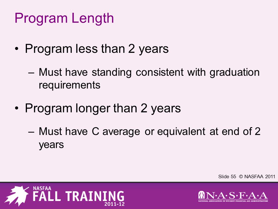 Slide 55 © NASFAA 2011 Program Length Program less than 2 years –Must have standing consistent with graduation requirements Program longer than 2 years –Must have C average or equivalent at end of 2 years