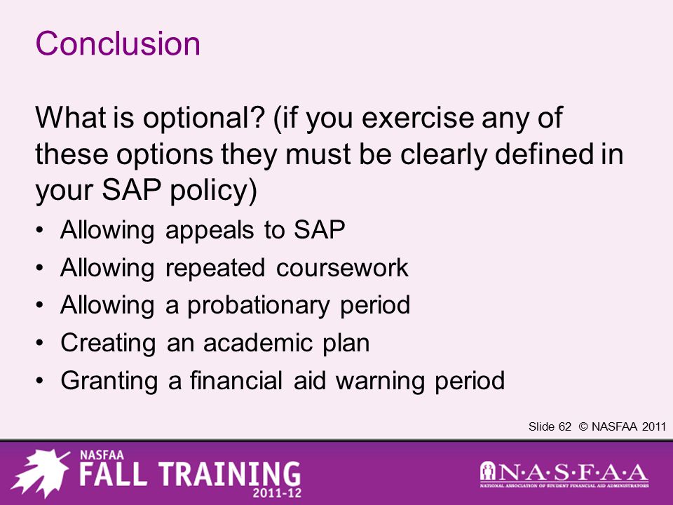 Slide 62 © NASFAA 2011 Conclusion What is optional.