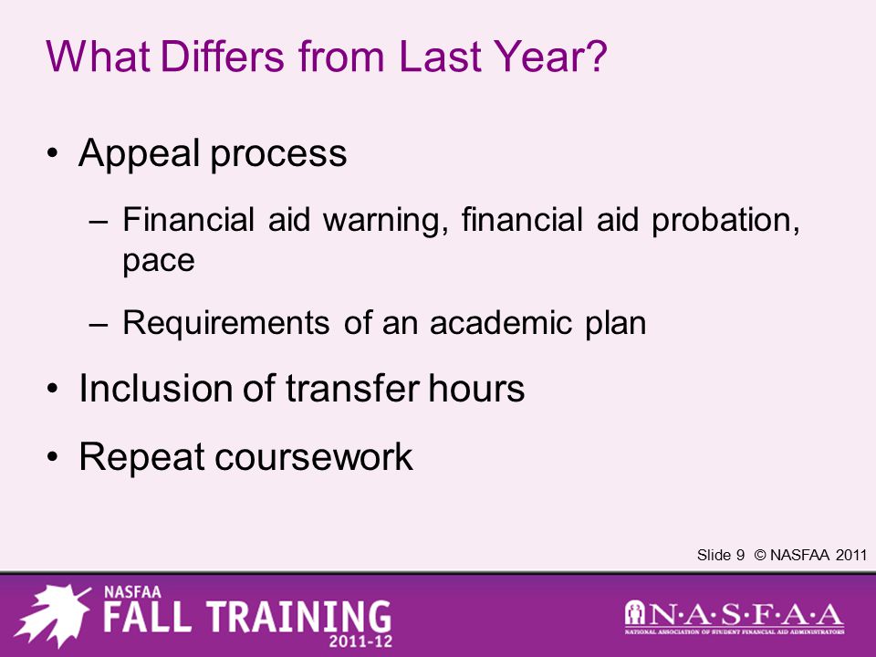 Slide 9 © NASFAA 2011 What Differs from Last Year.