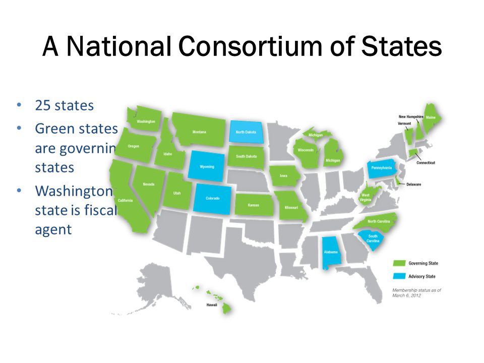 A National Consortium of States 25 states Green states are governing states Washington state is fiscal agent