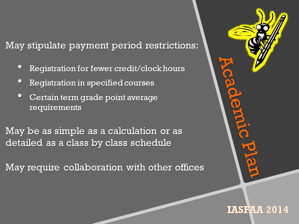 Academic Plan May stipulate payment period restrictions: Registration for fewer credit/clock hours Registration in specified courses Certain term grade point average requirements May be as simple as a calculation or as detailed as a class by class schedule May require collaboration with other offices
