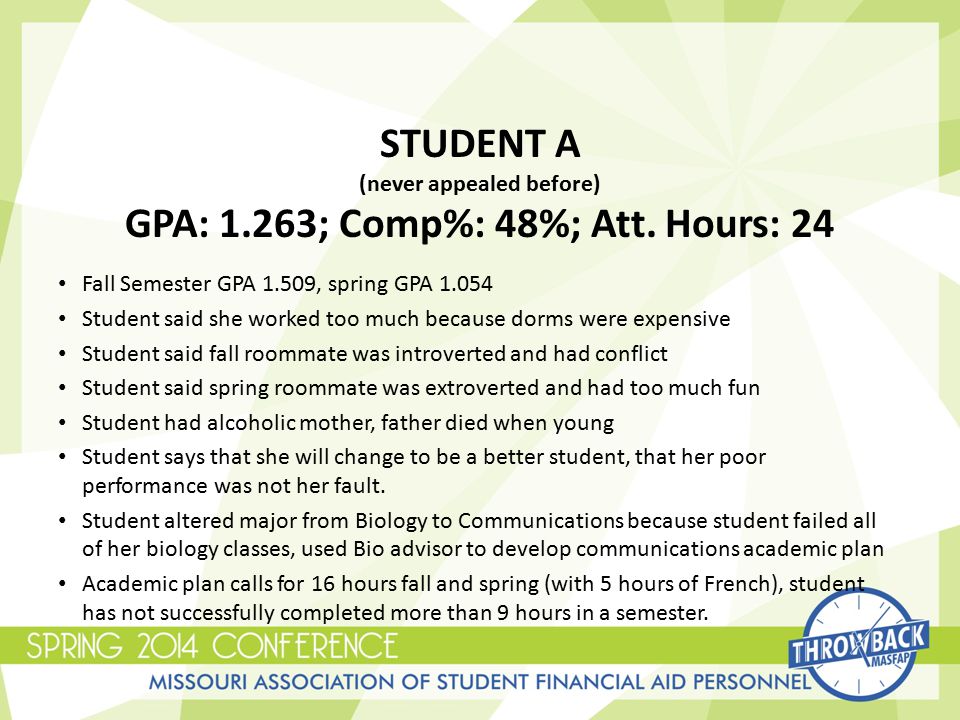 STUDENT A (never appealed before) GPA: 1.263; Comp%: 48%; Att.