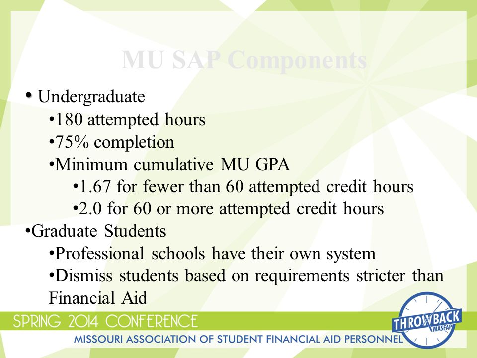 MU SAP Components Undergraduate 180 attempted hours 75% completion Minimum cumulative MU GPA 1.67 for fewer than 60 attempted credit hours 2.0 for 60 or more attempted credit hours Graduate Students Professional schools have their own system Dismiss students based on requirements stricter than Financial Aid