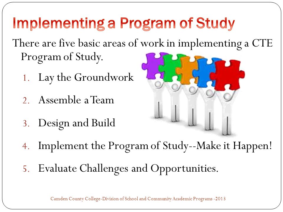 There are five basic areas of work in implementing a CTE Program of Study.