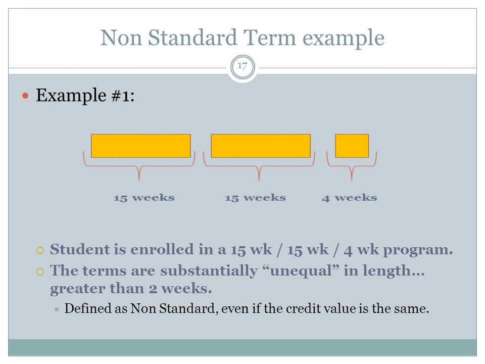Non Standard Term example Example #1:  Student is enrolled in a 15 wk / 15 wk / 4 wk program.
