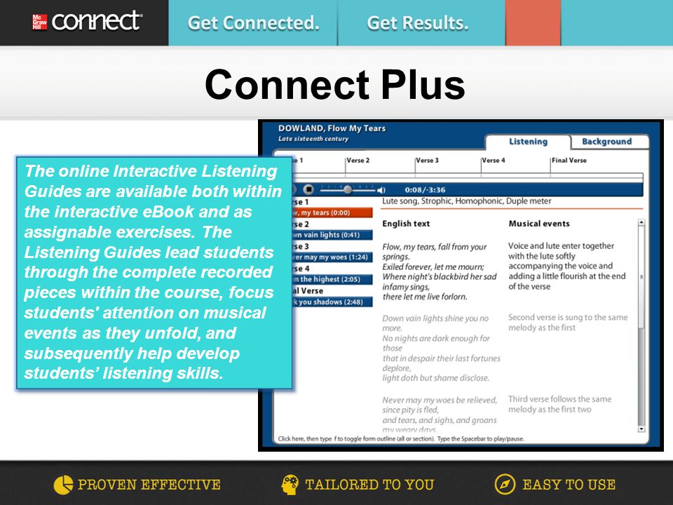 Connect Plus The online Interactive Listening Guides are available both within the interactive eBook and as assignable exercises.