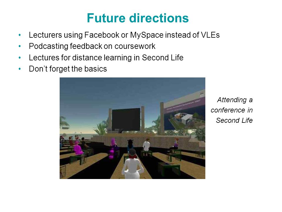 Future directions Lecturers using Facebook or MySpace instead of VLEs Podcasting feedback on coursework Lectures for distance learning in Second Life Don’t forget the basics Attending a conference in Second Life