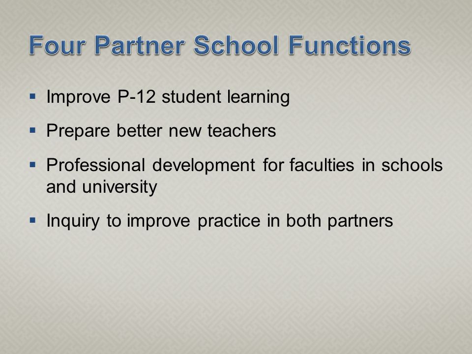  Improve P-12 student learning  Prepare better new teachers  Professional development for faculties in schools and university  Inquiry to improve practice in both partners