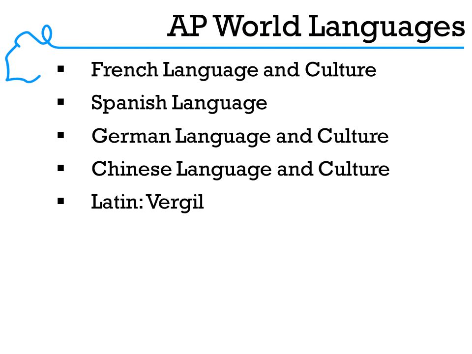 AP World Languages  French Language and Culture  Spanish Language  German Language and Culture  Chinese Language and Culture  Latin: Vergil