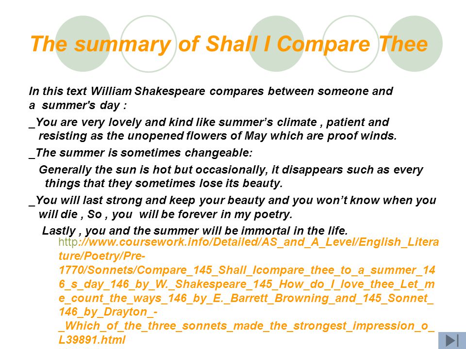 The summary of Shall I Compare Thee In this text William Shakespeare compares between someone and a summer s day : _You are very lovely and kind like summer’s climate, patient and resisting as the unopened flowers of May which are proof winds.