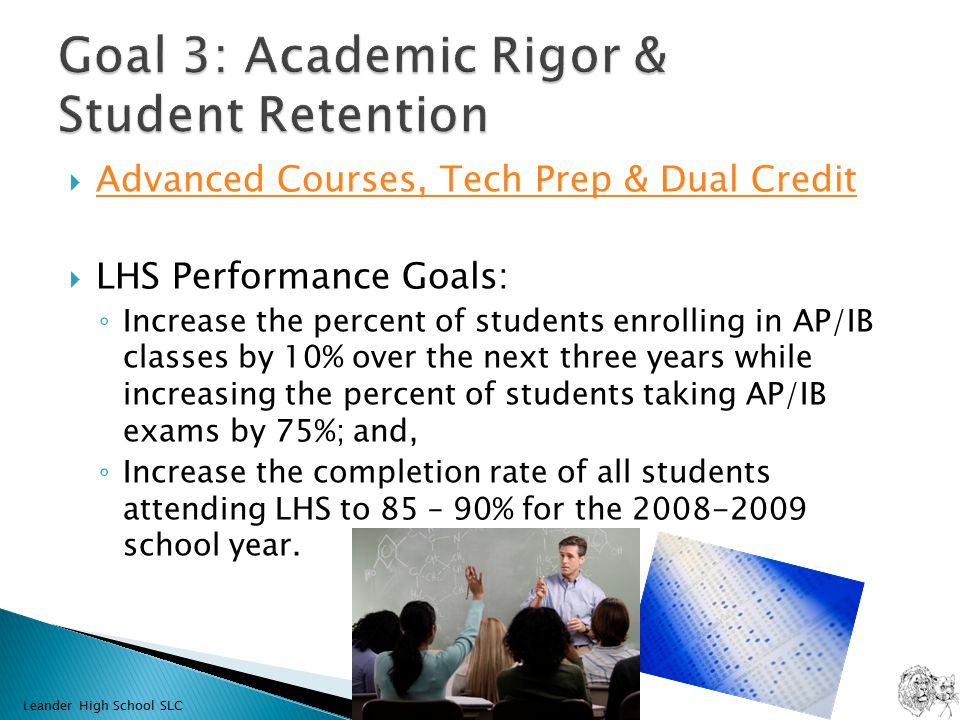  Advanced Courses, Tech Prep & Dual Credit Advanced Courses, Tech Prep & Dual Credit  LHS Performance Goals: ◦ Increase the percent of students enrolling in AP/IB classes by 10% over the next three years while increasing the percent of students taking AP/IB exams by 75%; and, ◦ Increase the completion rate of all students attending LHS to 85 – 90% for the school year.