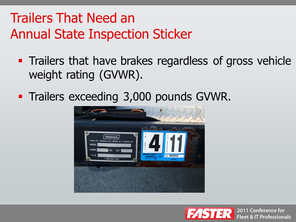 Trailers That Need an Annual State Inspection Sticker  Trailers that have brakes regardless of gross vehicle weight rating (GVWR).
