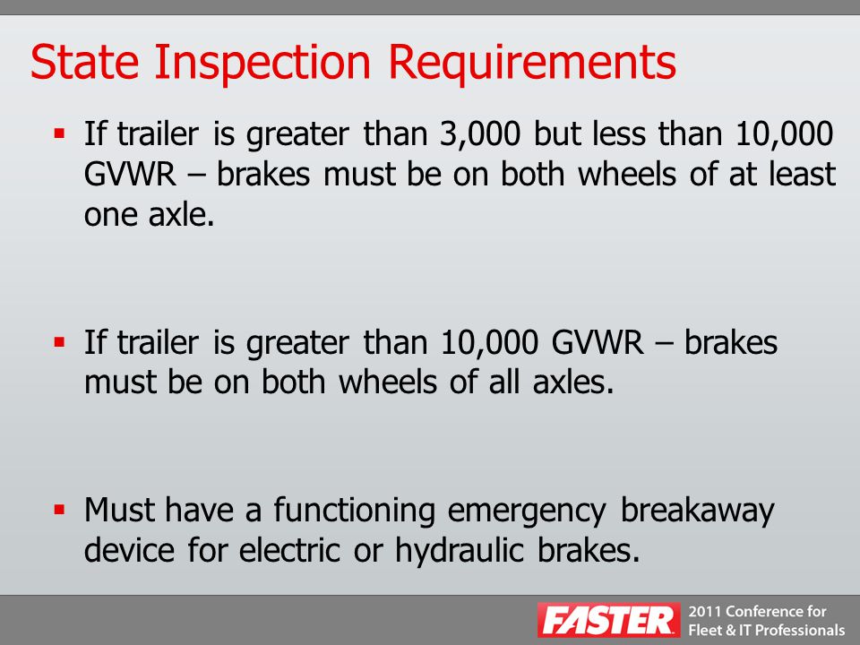 State Inspection Requirements  If trailer is greater than 3,000 but less than 10,000 GVWR – brakes must be on both wheels of at least one axle.