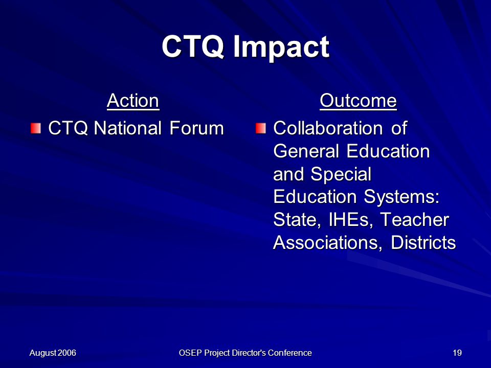 August 2006 OSEP Project Director s Conference 19 CTQ Impact Action CTQ National Forum Outcome Collaboration of General Education and Special Education Systems: State, IHEs, Teacher Associations, Districts